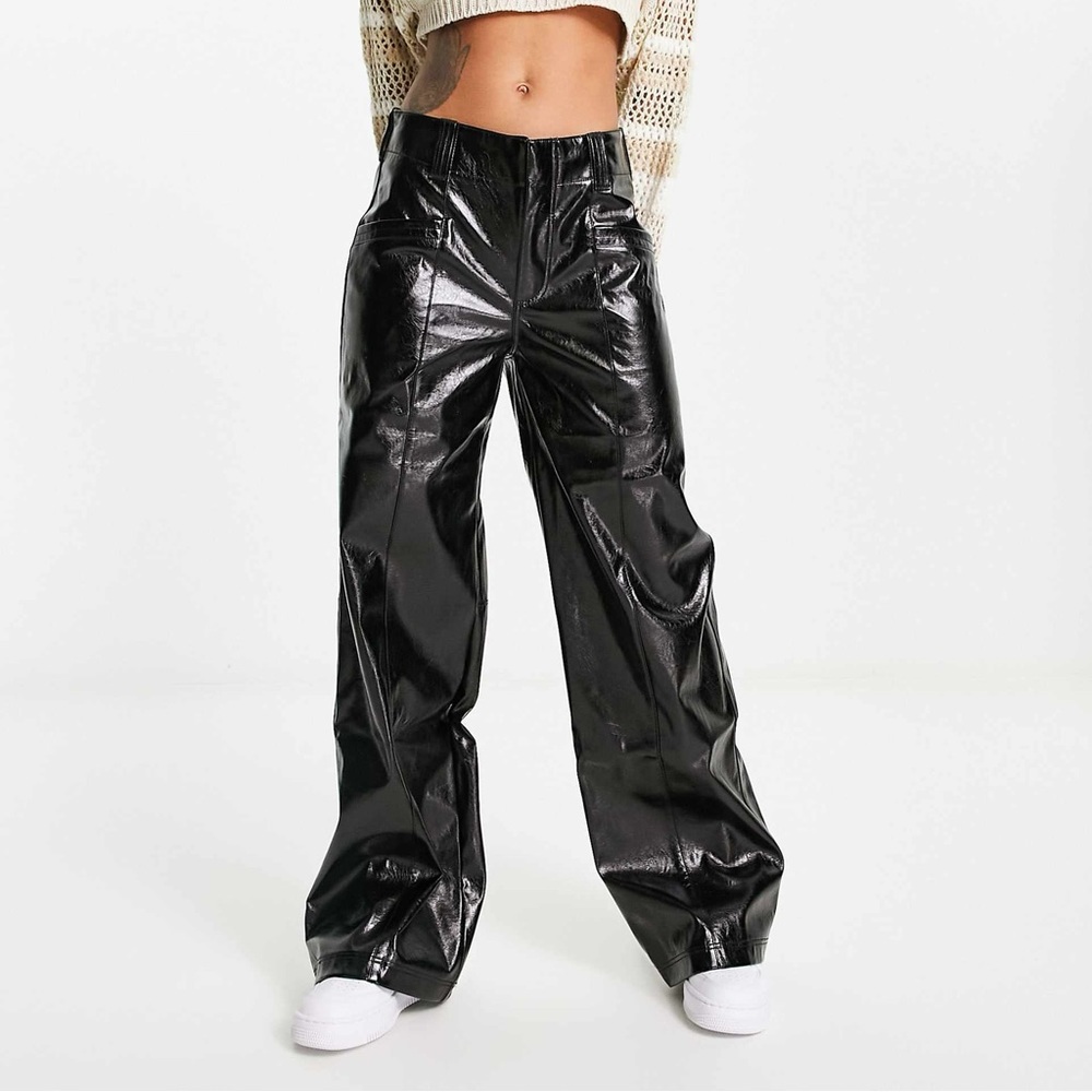 Free People Faux Leather coated straight leg wide pants Black NWT Women's 8
